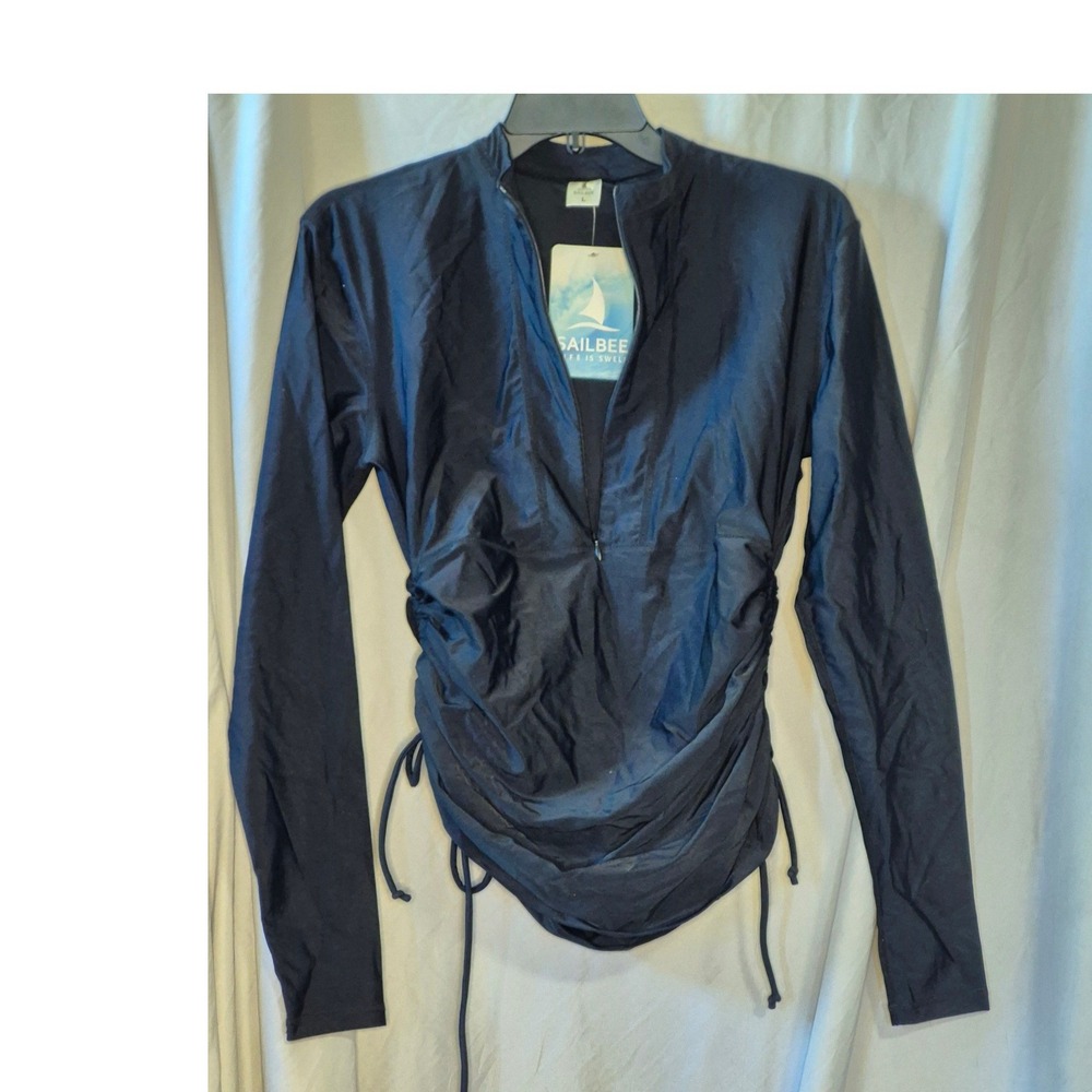 Sailbee Womens Black Long Sleeve Rash Guard Half Zip Ruched Swim Top Size Large